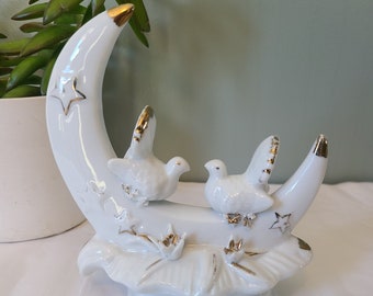 Vintage Porcelain Ceramic White Moon with Doves