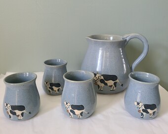 Handmade Primitive Country Blue Cow Milk Pitcher and Glasses Set