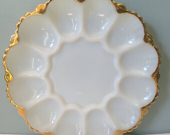 Vintage Milk Glass w Gold Trim Egg Serving Dish