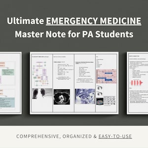 May include: A medical study guide titled "Ultimate Emergency Medicine Master Note for PA Students" is displayed. The guide is organized into three sections with diagrams and medical imaging. The text at the bottom reads "COMPREHENSIVE, ORGANIZED & EASY-TO-USE."
