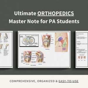May include: A medical reference guide titled "Ultimate ORTHOPEDICS Master Note for PA Students." The guide features detailed anatomical illustrations of the knee and other joints, with text labels. The text at the bottom reads "COMPREHENSIVE, ORGANIZED & EASY-TO-USE."