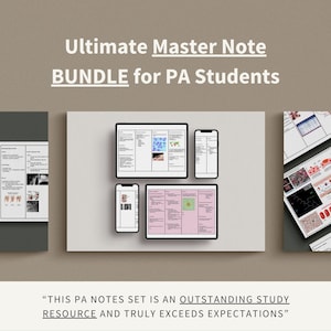 May include: Digital study notes bundle for PA students. The image shows a collection of notes displayed on tablets, phones, and printed pages. The text reads "Ultimate Master Note BUNDLE for PA Students". The bottom text says "THIS PA NOTES SET IS AN OUTSTANDING STUDY RESOURCE AND TRULY EXCEEDS EXPECTATIONS".