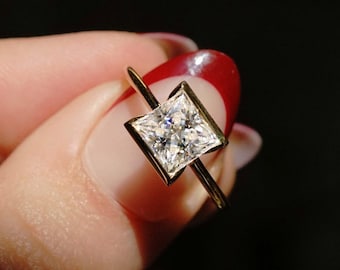Square Princess Cut Moissanite Engagement Ring, Unique Half Bezel Set Engagement Ring, Dainty Split Shank Wedding Ring in 14k Yellow Gold
