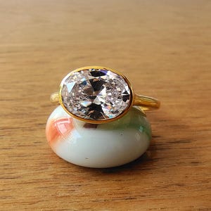Unique East West Engagement Promise Ring, 3 carat Oval Moissanite Solitaire Engagement Ring, 14k Yellow Gold Cathedral Bezel Setting Ring