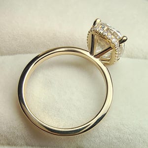 4 carat Elongated Cushion Cut Hidden Halo Moissanite Engagement Ring, 14k Yellow Gold Long Cushion Cut Solitaire Diamond Engagement Ring