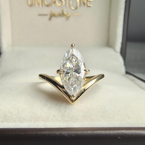 Unique V Shape Marquise Cut Moissanite Engagement Ring in 14k Yellow Gold, Marquise V Shape Solitaire Diamond Chevron Wedding Ring for Her