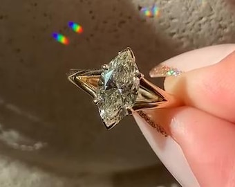 2ct Marquise Cut Lab Grown Diamond Engagement Ring with Split Shank Band, Vintage Solid 14k Yellow Gold IGI Solitaire Marquise Ring for Her
