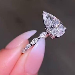 Large 3 carat Pear Shape Moissanite Engagement Ring in Solid 10k White Gold with Side Stone, Marquise Paved Eternity Teardrop Wedding Ring