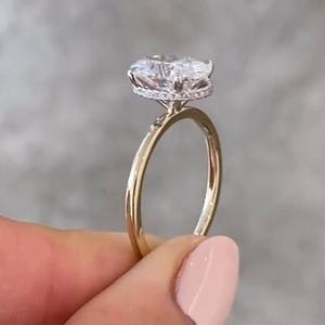 Hidden Halo Lab Grown Diamond Engagement Ring, Unique Oval Cut Solitaire Lab Diamond Ring, 14k Two Tone Yellow Gold Wedding Rings for Women