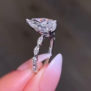 Vintage Pear Shaped Lab Grown Diamond Engagement Ring, Big 3ct Teardrop Lab Diamond Ring, 14k Gold Marquise Eternity Certified Diamond Ring