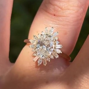 2ct Oval Cut Starburst Moissanite Engagement Ring with Side Stone Baguette & Marquise 14k Yellow Gold Antique Cluster Diamond Vintage Ring