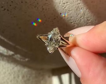 Anillo de compromiso de 2 quilates con diamantes cultivados en laboratorio y corte marquesa, con banda de caña dividida, solitario vintage de oro amarillo macizo de 14 k con IGI, talla marquesa para ella.