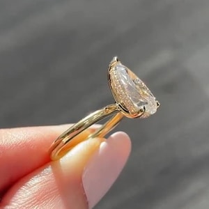 Hidden Halo 2ct Pear Shaped Moissanite Engagement Ring, 14k Yellow Gold Teardrop Solitaire Diamond Ring, Plain Band Pear Cut Wedding Ring
