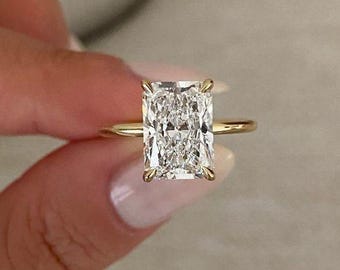 Radiant Cut 4 carat Lab Grown Diamond Engagement Ring, 18k Yellow Gold Radiant Solitaire Lab Diamond Ring, Big IGI Diamond Ring for Her