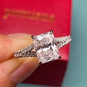 Radiant Cut Split Shank Moissanite Engagement Ring in 10k White Gold, Vintage Style Cathedral Setting Ring, Radiant Cut Paved Eternity Ring