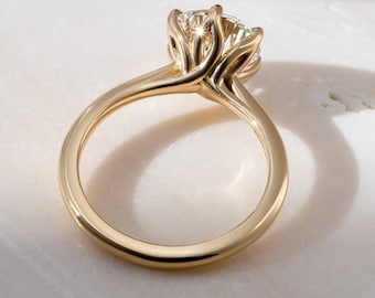 Vintage Tulip Flower Setting Engagement Ring 14k Yellow Gold Petal Prong Set Ring Real Round Cut Solitaire Lab Grown Diamond Engagement Ring