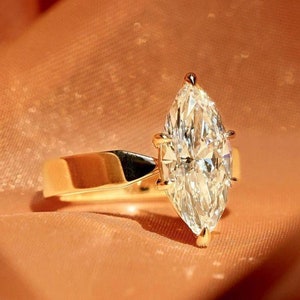 Marquise Cut Moissanite Engagement Ring in Solid 14k Yellow Gold, Marquise Solitaire Diamond Ring with Thick Wide Band, Big Vintage Ring