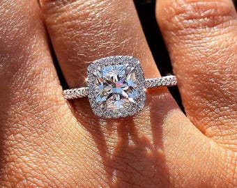 Vintage Cathedral Set Engagement Ring, 2 carat Cushion Cut Halo Moissanite Diamond Ring, 3/4 Eternity Pave Set Wedding Ring Christmas Gift