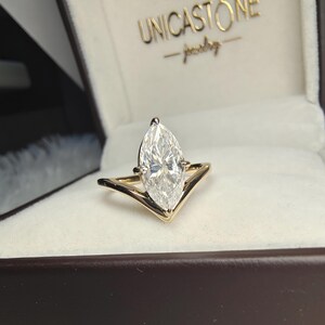 Vintage V Shape Marquise Cut Moissanite Engagement Ring, 14k Yellow Gold Chevron Wedding Ring Band, Unique Solitaire Promise Ring for Women image 4