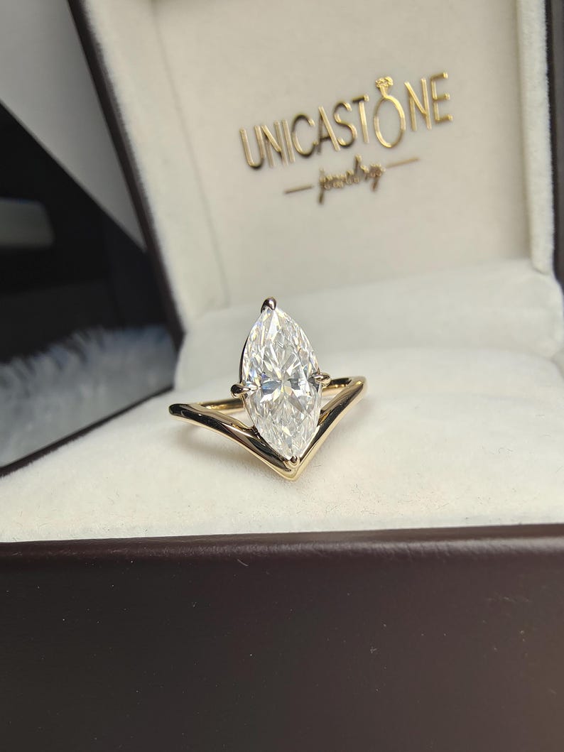 Vintage V Shape Marquise Cut Moissanite Engagement Ring, 14k Yellow Gold Chevron Wedding Ring Band, Unique Solitaire Promise Ring for Women image 4