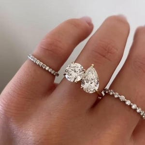 Toi et Moi Lab Grown Diamond Engagement Ring, 14k Solid Yellow Gold Two Stone Pear & Round Lab Diamond Ring, Double Stone Anniversary Ring