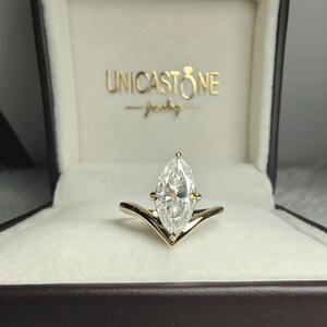 Vintage V Shape Marquise Cut Moissanite Engagement Ring, 14k Yellow Gold Chevron Wedding Ring Band, Unique Solitaire Promise Ring for Women image 2