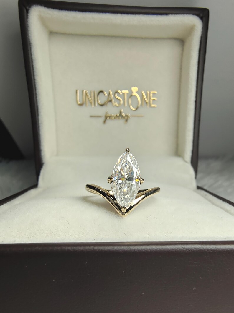 Vintage V Shape Marquise Cut Moissanite Engagement Ring, 14k Yellow Gold Chevron Wedding Ring Band, Unique Solitaire Promise Ring for Women image 2
