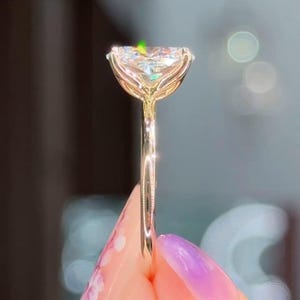 Solid 10k Yellow Gold Elongated Cushion Cut Moissanite Engagement Ring with Tulip Flower Setting, Vintage Style Cushion Cut Solitaire Ring