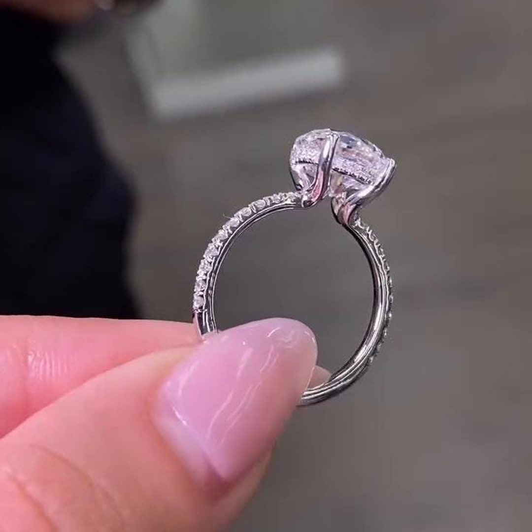 High Setting Rings Round Antique Hidden Halo Round Cut Moissanite Engagement Ring, Vintage Open ...