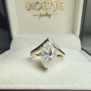 Vintage V Shape Marquise Cut Moissanite Engagement Ring, 14k Yellow Gold Chevron Wedding Ring Band, Unique Solitaire Promise Ring for Women image 7