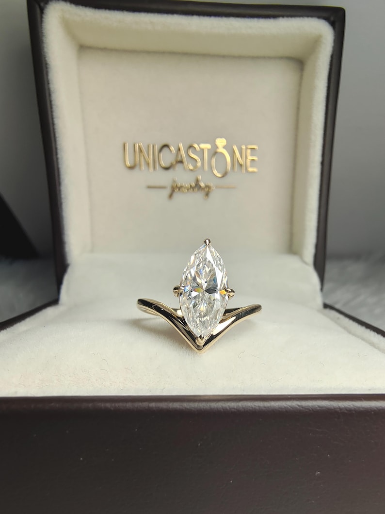 Vintage V Shape Marquise Cut Moissanite Engagement Ring, 14k Yellow Gold Chevron Wedding Ring Band, Unique Solitaire Promise Ring for Women image 1