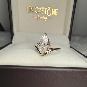 Vintage V Shape Marquise Cut Moissanite Engagement Ring, 14k Yellow Gold Chevron Wedding Ring Band, Unique Solitaire Promise Ring for Women image 5