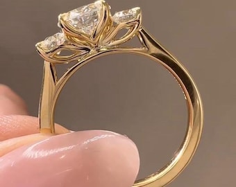 Anel de noivado vintage com tulipa catedral, anel de noivado com três pedras redondas de moissanita, anel de diamante trilogia de 14k e 3 pedras