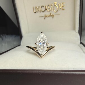 Vintage V Shape Marquise Cut Moissanite Engagement Ring, 14k Yellow Gold Chevron Wedding Ring Band, Unique Solitaire Promise Ring for Women image 3