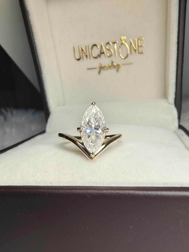 Vintage V Shape Marquise Cut Moissanite Engagement Ring, 14k Yellow Gold Chevron Wedding Ring Band, Unique Solitaire Promise Ring for Women image 3