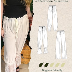 May include: Off-white trousers with a ruffled waistband, drawstring, and lace-trimmed cuffs. The image includes a black t-shirt, a technical line drawing of three trouser variations labelled Stevie Pants Patterns by Seovanna, and text stating Beginner Friendly, PDF Pattern, and Video Tutorial.