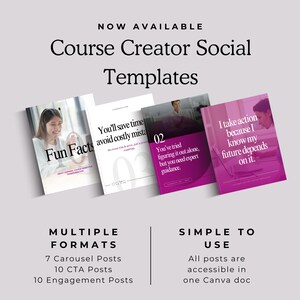 May include: A set of three pink and white social media templates for course creators. The templates feature text that reads "Fun Facts", "You'll save time avoid costly mistakes", "You've tried figuring it out alone, but you need expert guidance", and "I take action because I know my future depends on it". The templates are designed to be used on social media platforms like Instagram and Facebook.