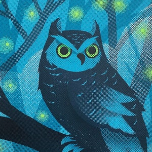May include: A print of an owl perched on a branch, set against a backdrop of trees and glowing orbs. The owl is depicted in shades of blue and black, with bright green eyes. The artwork has a textured, dot-matrix style.