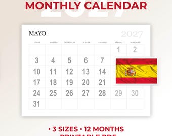Calendario 2027, Planeador en español 2027, Calendario español 2027, calendario imprimible 2027, 2027 Spanish Calendar