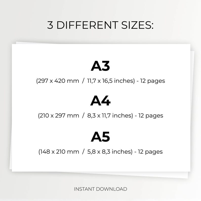 Pode incluir: Um documento branco exibindo 3 DIFFERENT SIZES: A3 (297 x 420 mm / 11,7 x 16,5 polegadas) - 12 p&aacute;ginas, A4 (210 x 297 mm / 8,3 x 11,7 polegadas) - 12 p&aacute;ginas e A5 (148 x 210 mm / 5,8 x 8,3 polegadas) - 12 p&aacute;ginas. INSTANT DOWNLOAD.