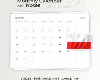Pode incluir: Uma página de calendário mensal para agosto de 2027, intitulada Sierpień, apresentando um layout de grade com os dias da semana em polonês, uma seção de notas e um pequeno retângulo exibindo a bandeira branca e vermelha da Polônia.