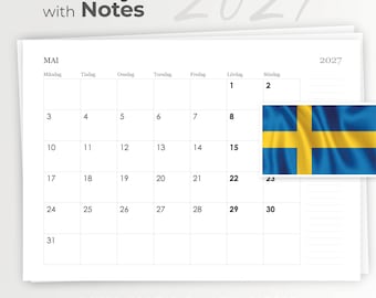Monatlicher schwedischer Kalender mit Notizen, schwedischer Kalender 2027, Kalender mit Vorschau, Download-PDF, Download