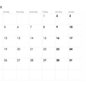 Pode incluir: Uma p&aacute;gina de calend&aacute;rio mensal para janeiro de 2027 com layout de grade. O cabe&ccedil;alho exibe JANUARI e 2027. Os dias da semana est&atilde;o em holand&ecirc;s. A grade cont&eacute;m datas numeradas de 1 a 31, com fins de semana em texto preto em negrito.