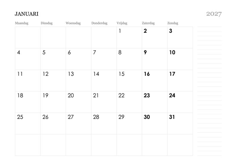 Pode incluir: Uma p&aacute;gina de calend&aacute;rio mensal para janeiro de 2027 com layout de grade. O cabe&ccedil;alho exibe JANUARI e 2027. Os dias da semana est&atilde;o em holand&ecirc;s. A grade cont&eacute;m datas numeradas de 1 a 31, com fins de semana em texto preto em negrito.