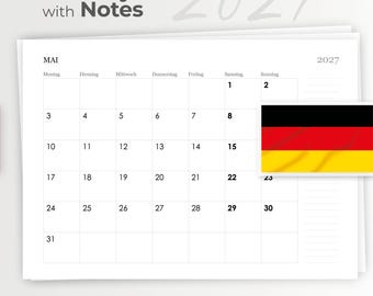 Monatsplaner 2026 | 12-Monats-Kalender mit Schreibfeldern | Notizseiten 2026 German Calendar printable Calendar in German | German Planner
