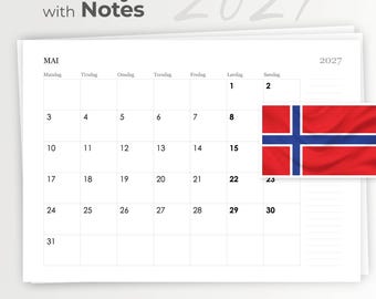 Norwegischer Kalender 2027, Kalender mit Notation, Kalender 2027 in Norwegen, ausdruckbarer Kalender 2027, ausdruckbares PDF in Norwegen, manueller Kalender 2027