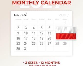 May include: A 2027 monthly calendar page for August, labeled Sierpień, featuring a grid with dates 1 through 31. The design includes a small rectangular graphic of the Polish flag and the text 3 SIZES 12 MONTHS PRINTABLE PDF.