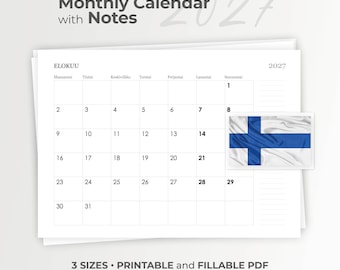 Pode incluir: Uma página de calendário mensal para agosto de 2027, rotulada como Elokuu, com uma grade com os dias da semana em finlandês, uma seção de notas e uma pequena bandeira finlandesa. O texto diz Monthly Calendar with Notes, 2027, e 3 SIZES PRINTABLE and FILLABLE PDF 12 MONTHS.