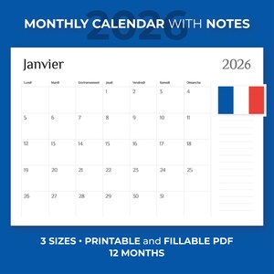 Planer 2026 minimalistisch in französisch | Agenda mensuel avec Wochentage | Seiten mit Notizen | Kalender zum Ausdrucken
