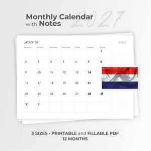 Pode incluir: Um calend&aacute;rio mensal de 2027 com notas, apresentando uma grade para agosto com os nomes dos dias em holand&ecirc;s. O calend&aacute;rio inclui uma pequena imagem da bandeira holandesa e o texto 3 SIZES, PRINTABLE and FILLABLE PDF, 12 MONTHS.